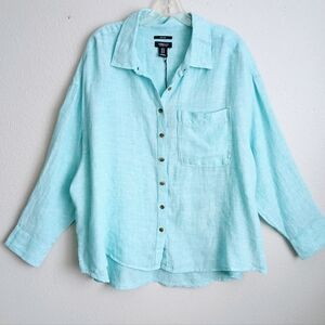 Jones New York Shirt Women's Size 1 XL Seafoam Green 100% Linen Lagenlook